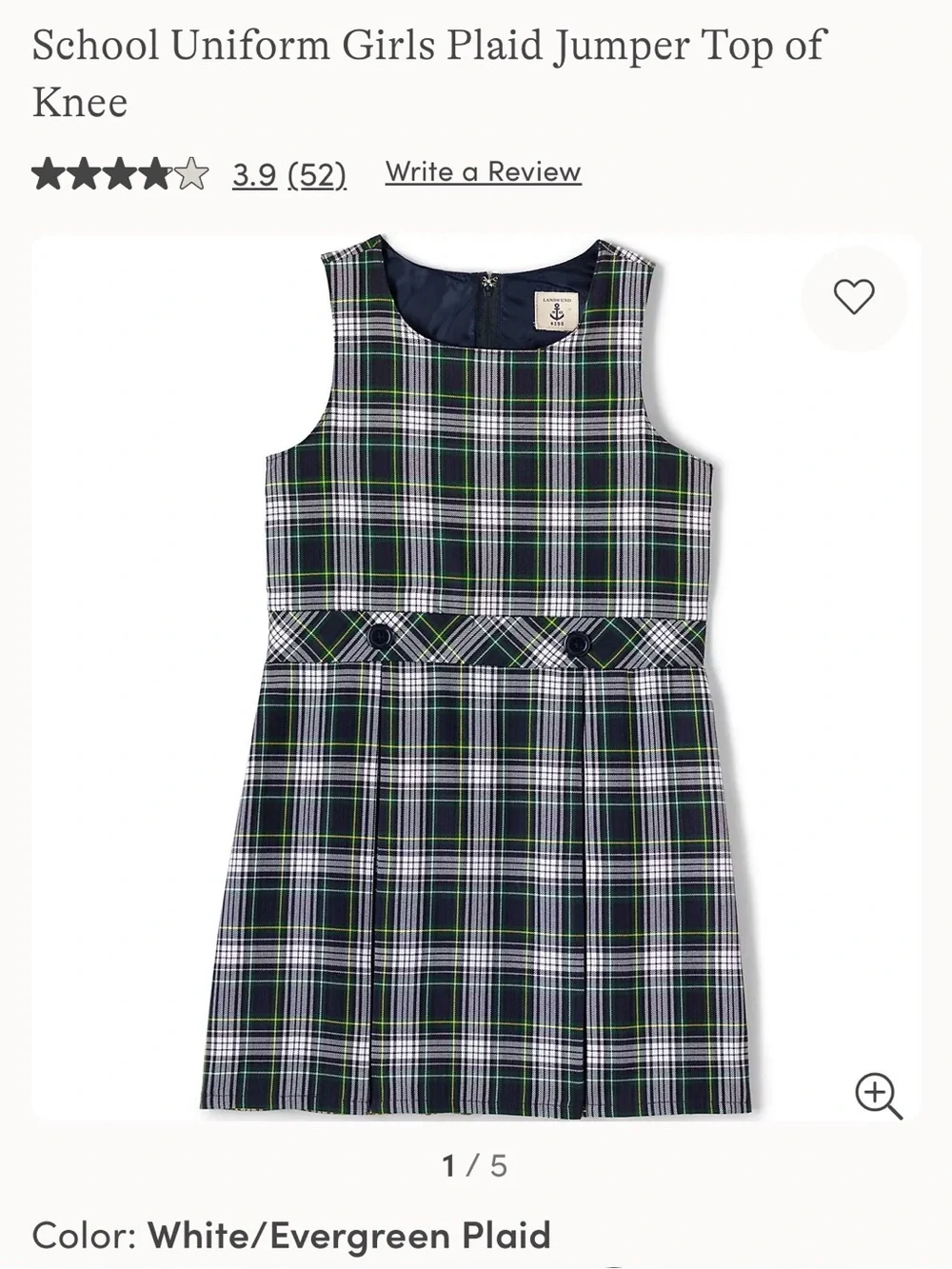 Lands' End White Evergreen Plaid Girls' Sleeveless Jumper size 7